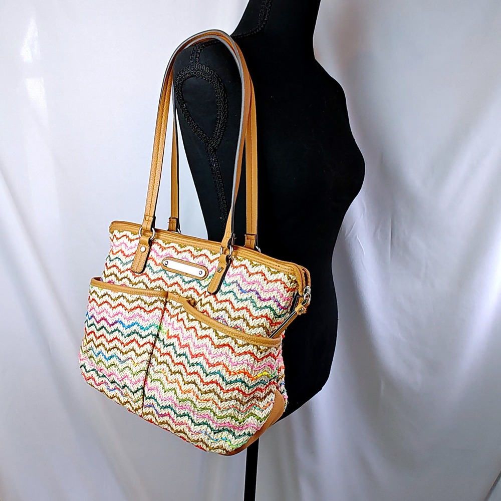 Rosetti Multicolor Chevron Woven Tote Bag Boho Straw Look Shoulder Purse - Picture 3 of 7
